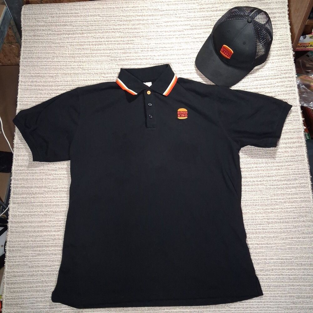 ​Burger King Employee Uniform Set Polo Shirt Black Large Trucker Hat Mesh...